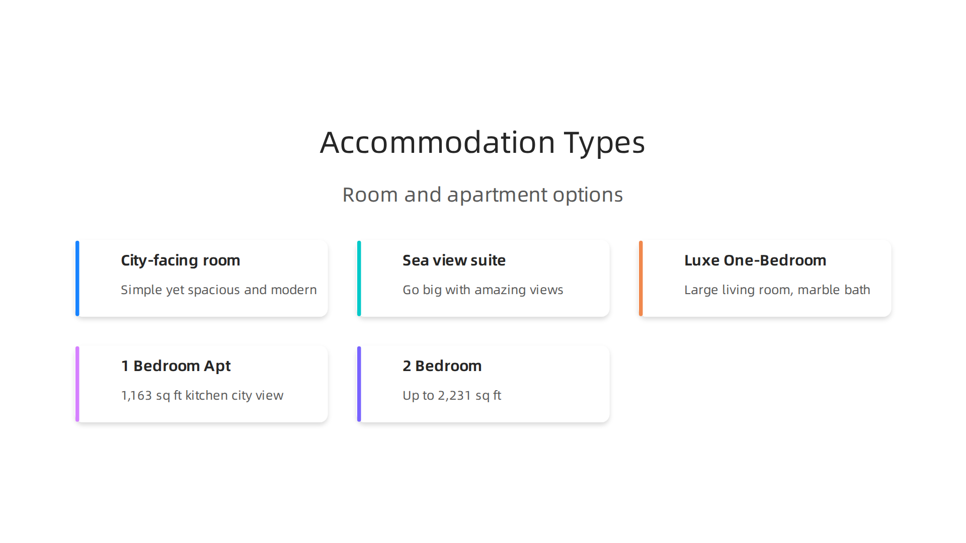Explore the diverse range of accommodation options available, from standard rooms to spacious hotel apartments.