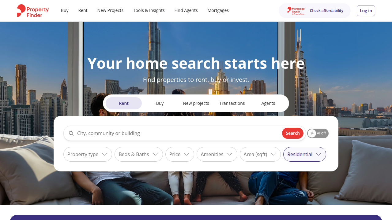 The homepage of propertyfinder.ae, a leading real estate portal in the United Arab Emirates.