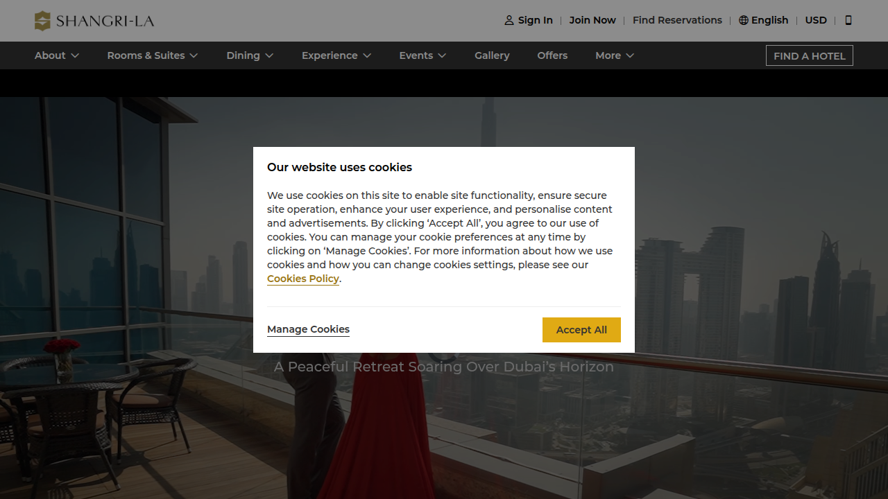The official website for Shangri-La Hotel Dubai, showcasing its luxury offerings and brand identity.