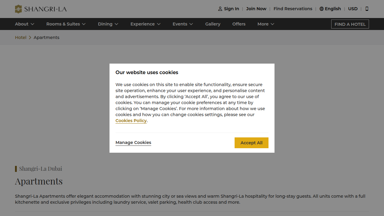 A screenshot of the Shangri-La Dubai website page dedicated to its Residence serviced apartments.