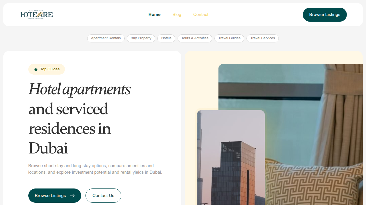 A screenshot of the Hotel Apartments in Dubai website, offering guides on luxury serviced apartments.