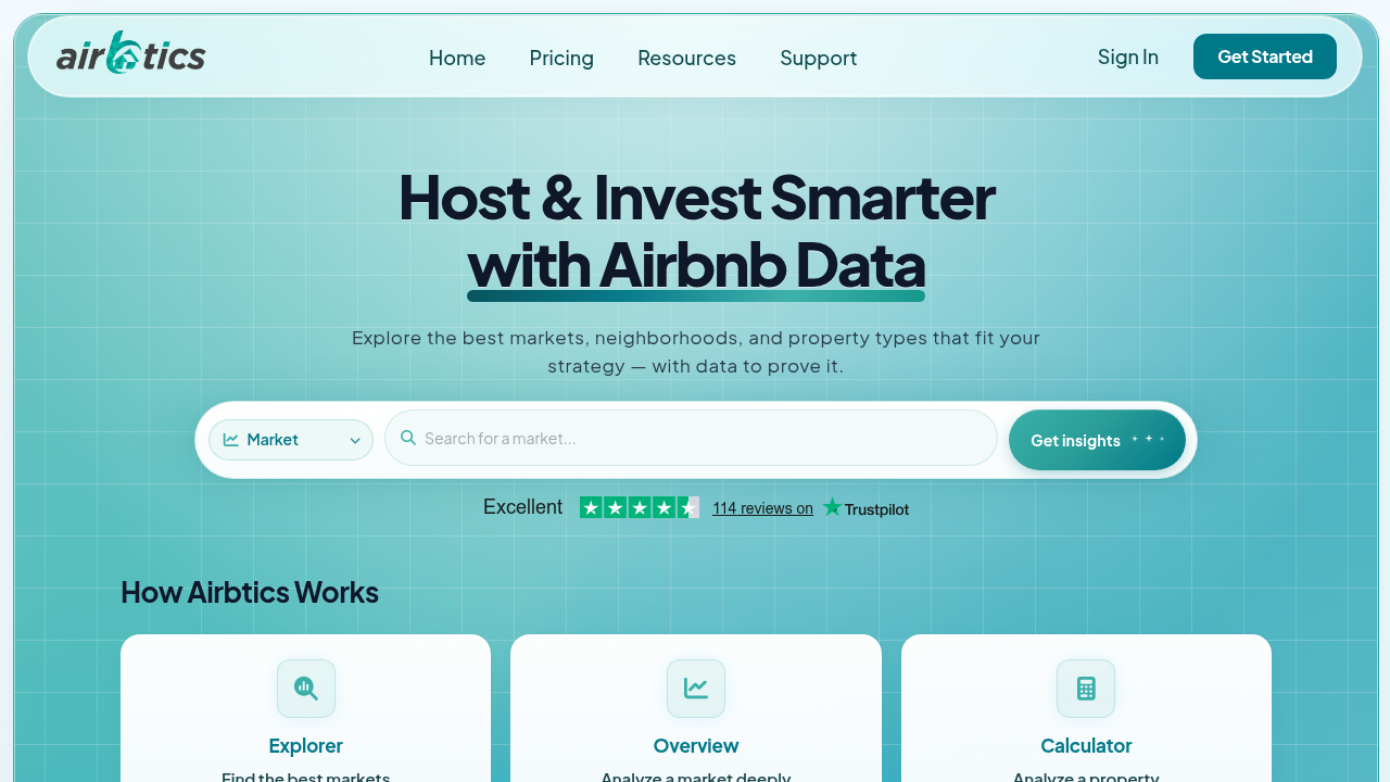 Screenshot of Airbtics, a resource for short-term rental data and insights relevant to property investors.