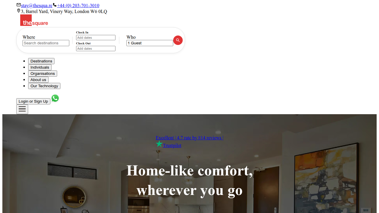 Website for TheSqua.re, showcasing serviced apartment options in Jumeirah Village Circle, Dubai.