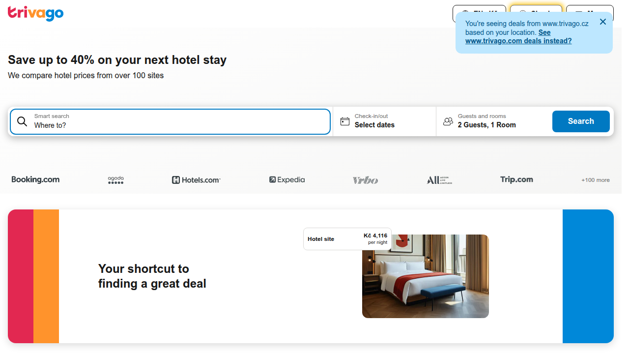 A screenshot of the Trivago website homepage, showcasing its interface for comparing hotel prices.