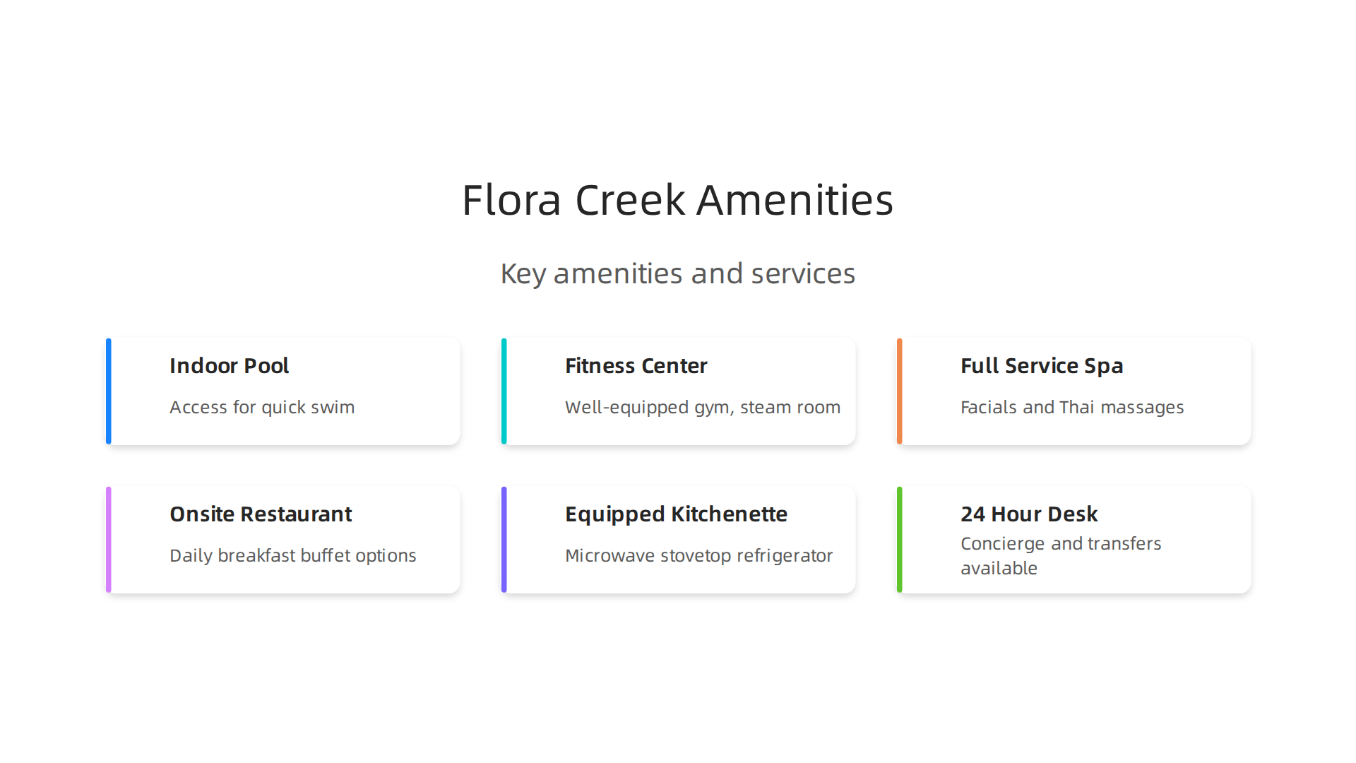 Key amenities available at Flora Creek Deluxe Hotel Apartments for an enhanced stay.