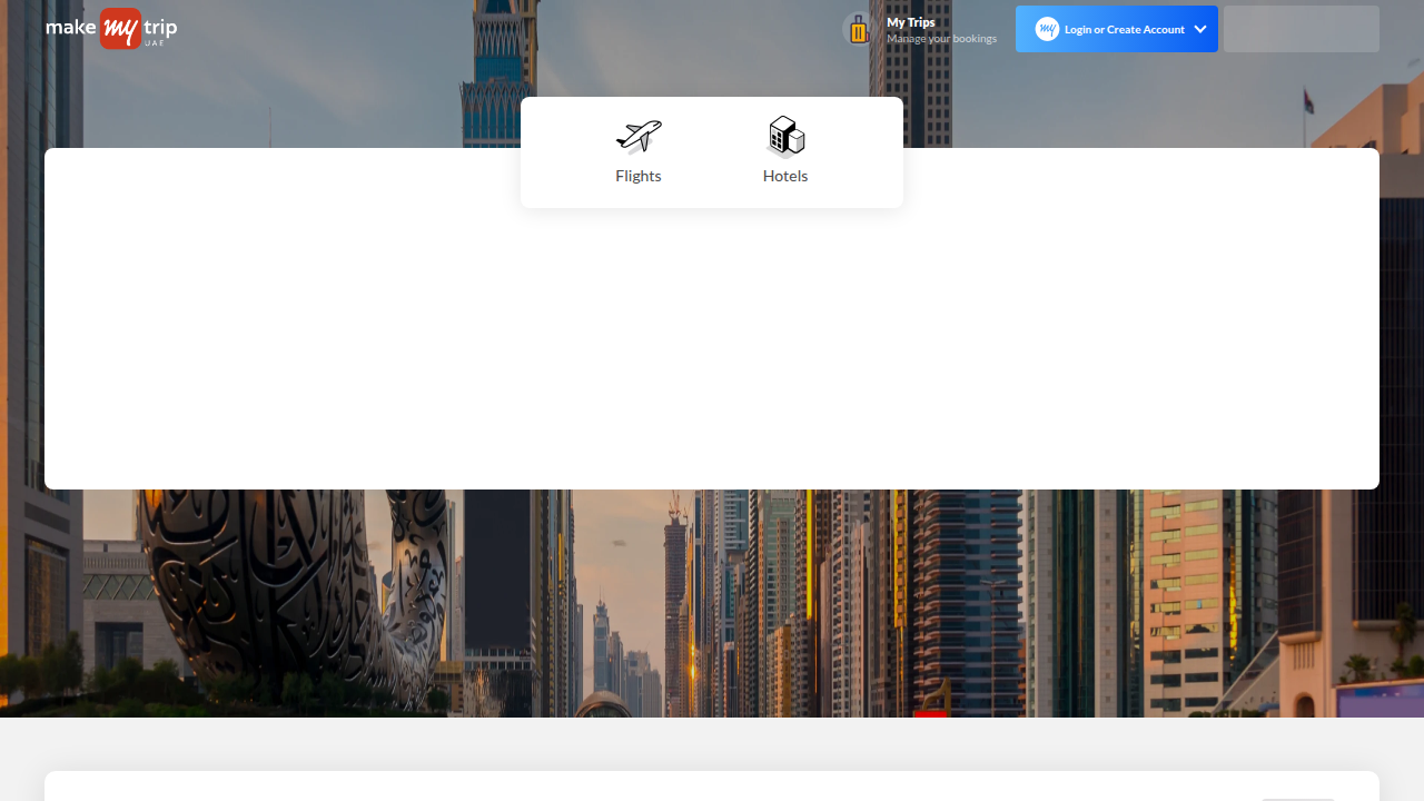 Screenshot of ae.makemytrip.global, an online travel portal for international bookings.
