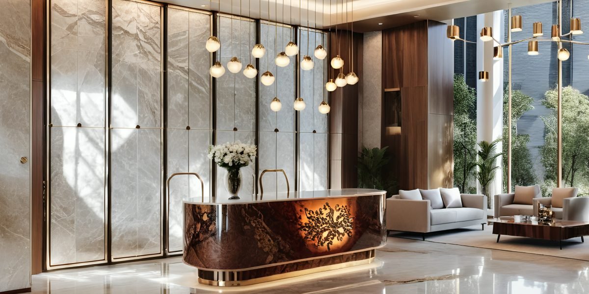 A sophisticated and welcoming lobby scene, reflecting the luxurious and comfortable atmosphere of a high-end Dubai hotel.
