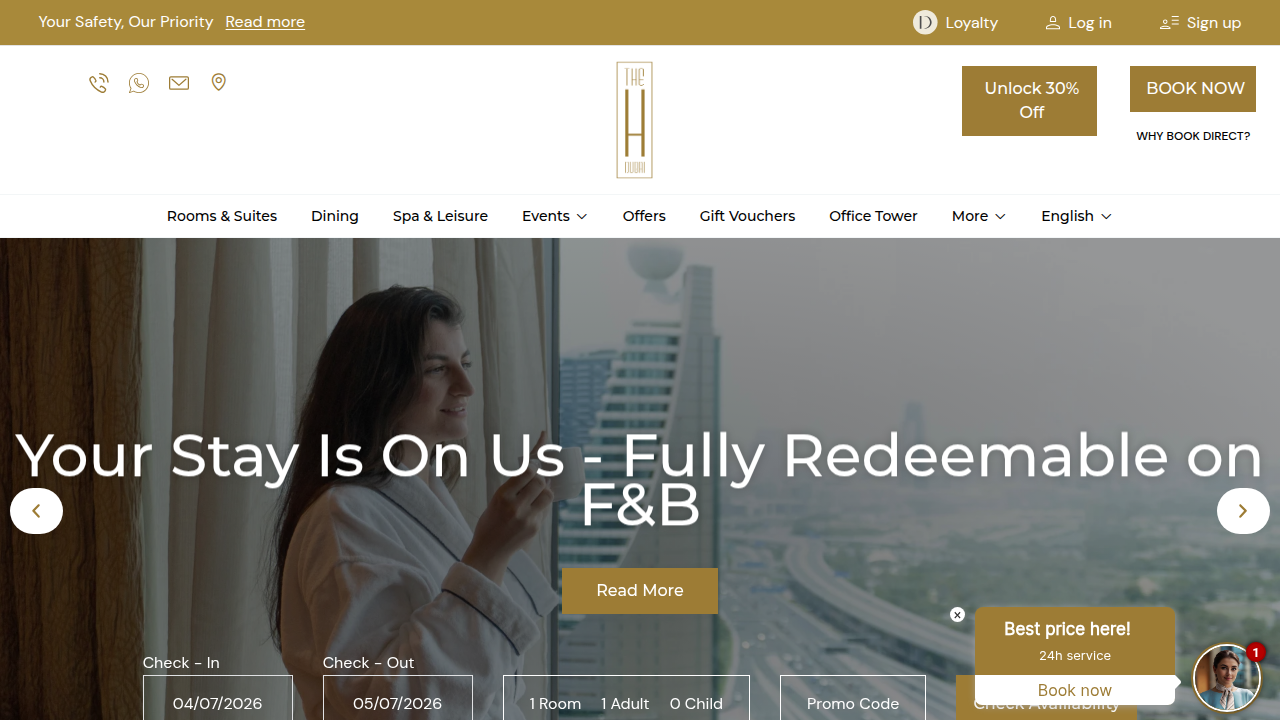 The official website of The H Dubai, showcasing its contemporary design and city-center location.