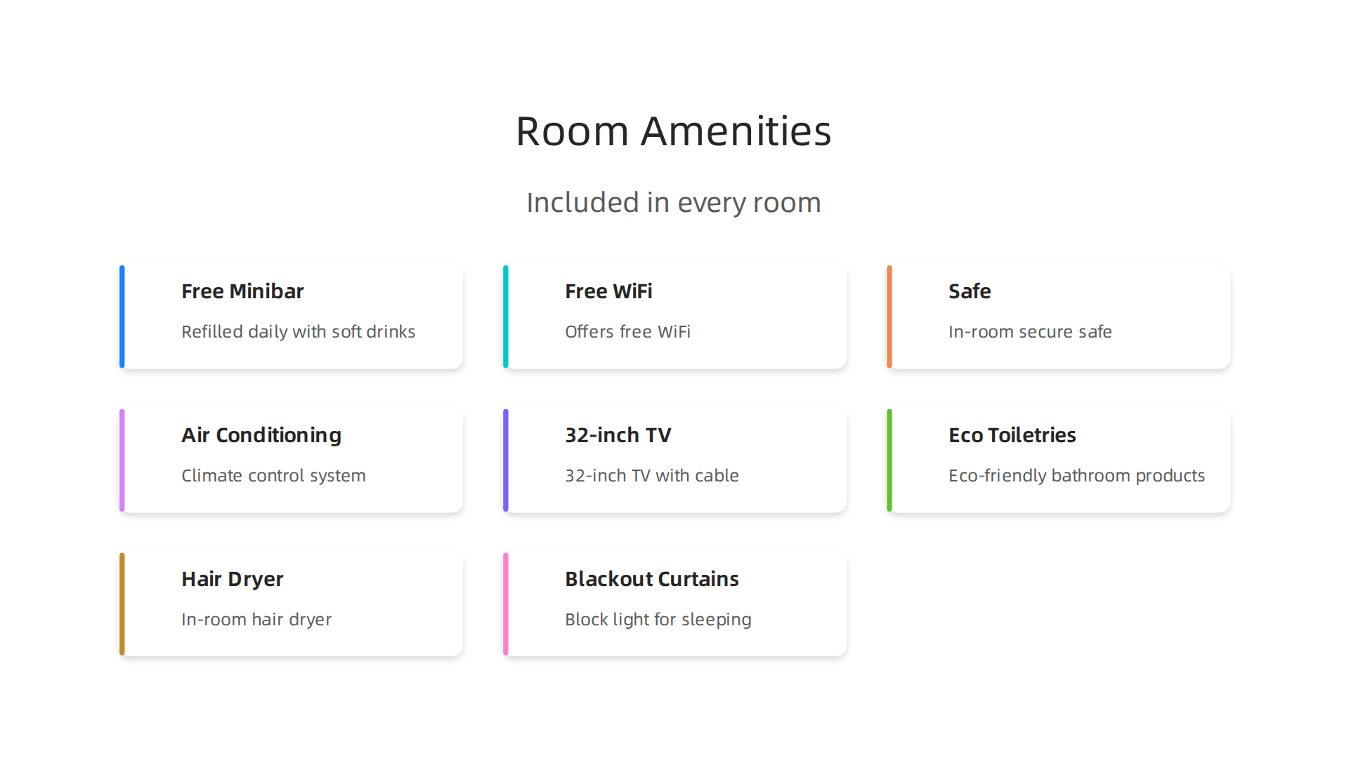 A visual guide to the essential amenities included in every room at Riu Hotel Dubai, ensuring a comfortable stay.