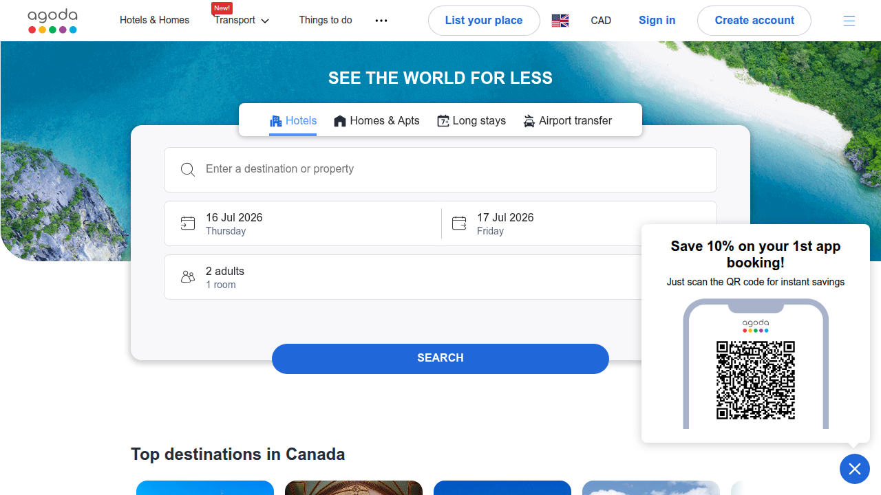 A screenshot of Agoda's homepage, illustrating its focus on budget-friendly travel deals.