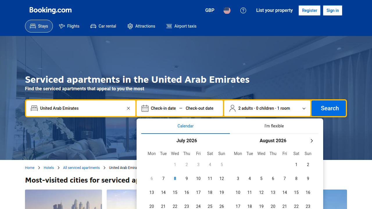 Booking.com's dedicated page for serviced apartments in the United Arab Emirates.