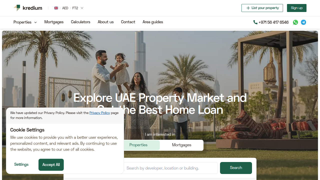 Kredium's official website, a platform specializing in real estate and financial services in Dubai and Abu Dhabi.