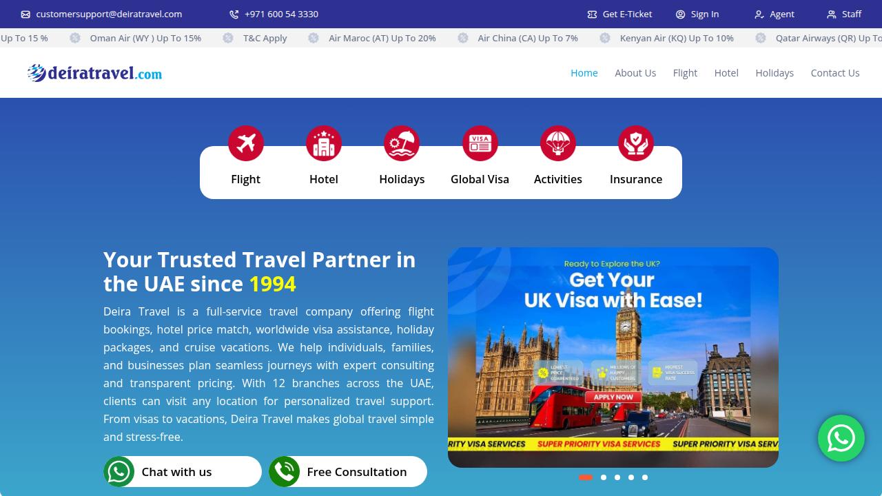 Homepage of a travel agency specifically focused on services in Deira, Dubai.