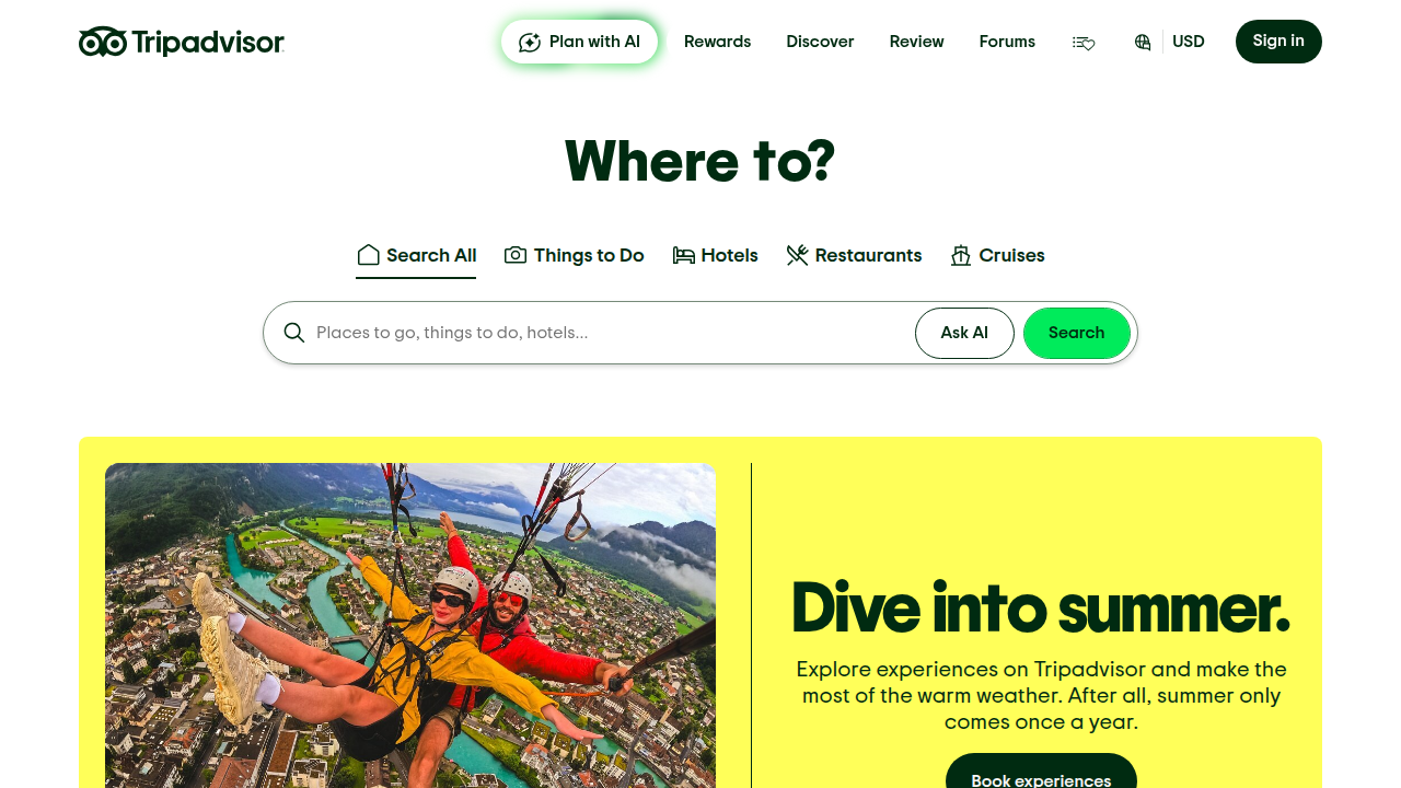 Screenshot of the Tripadvisor homepage, a popular platform for hotel reviews and comparisons.