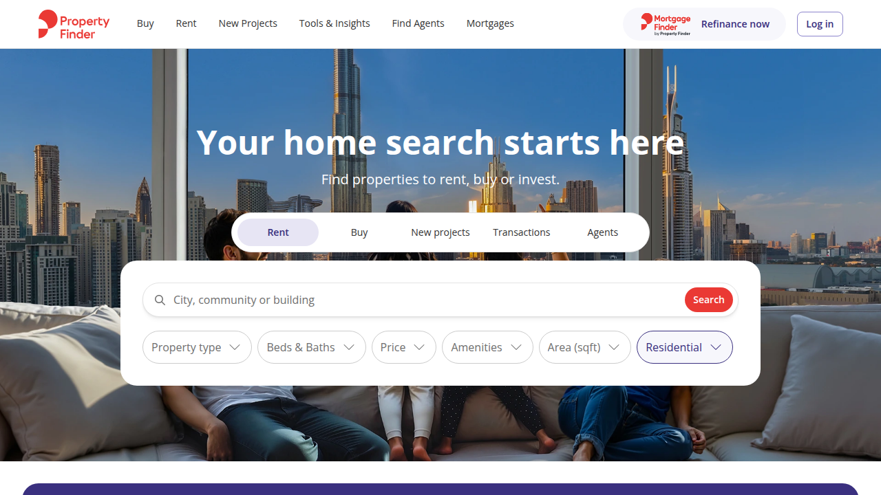 Screenshot of Property Finder UAE's homepage, a prominent platform for real estate in Dubai.