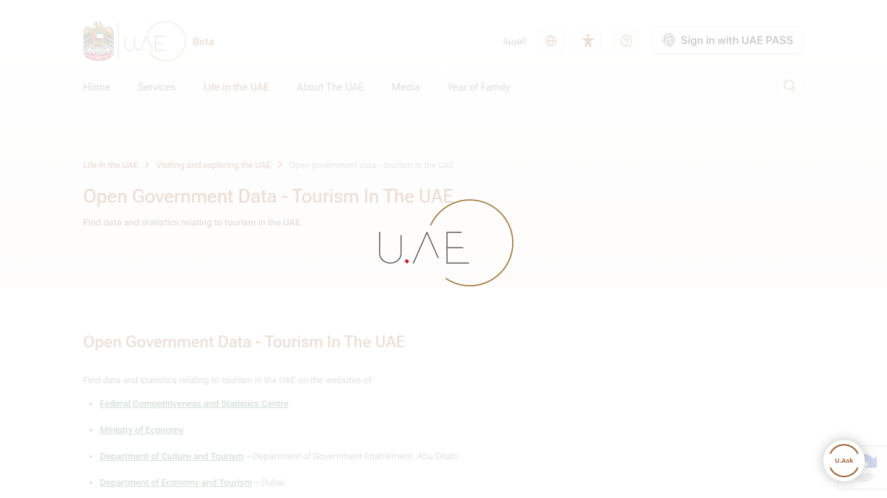 Screenshot of the official UAE government website, showcasing its section for open government data related to tourism.