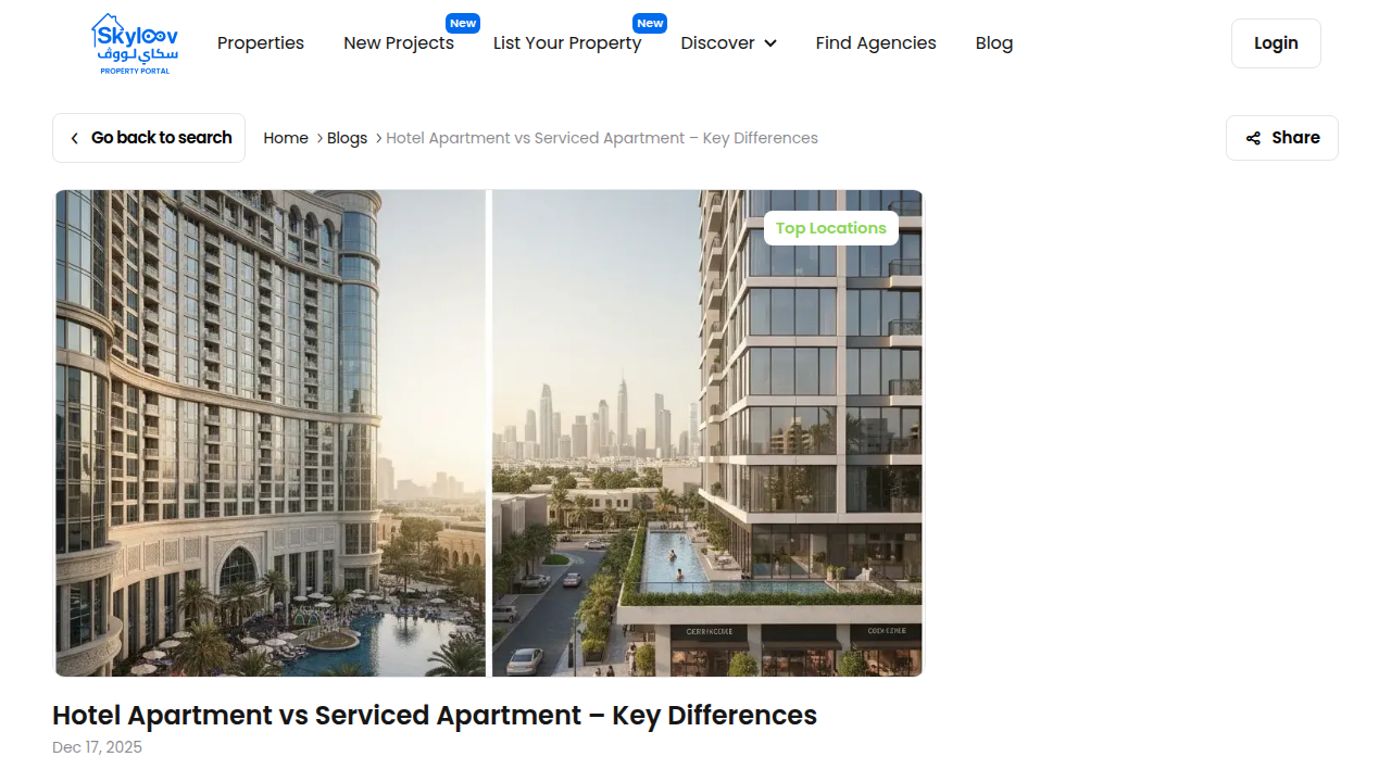 Screenshot of a Skyloov blog article detailing the key differences between hotel apartments and serviced apartments in Dubai.