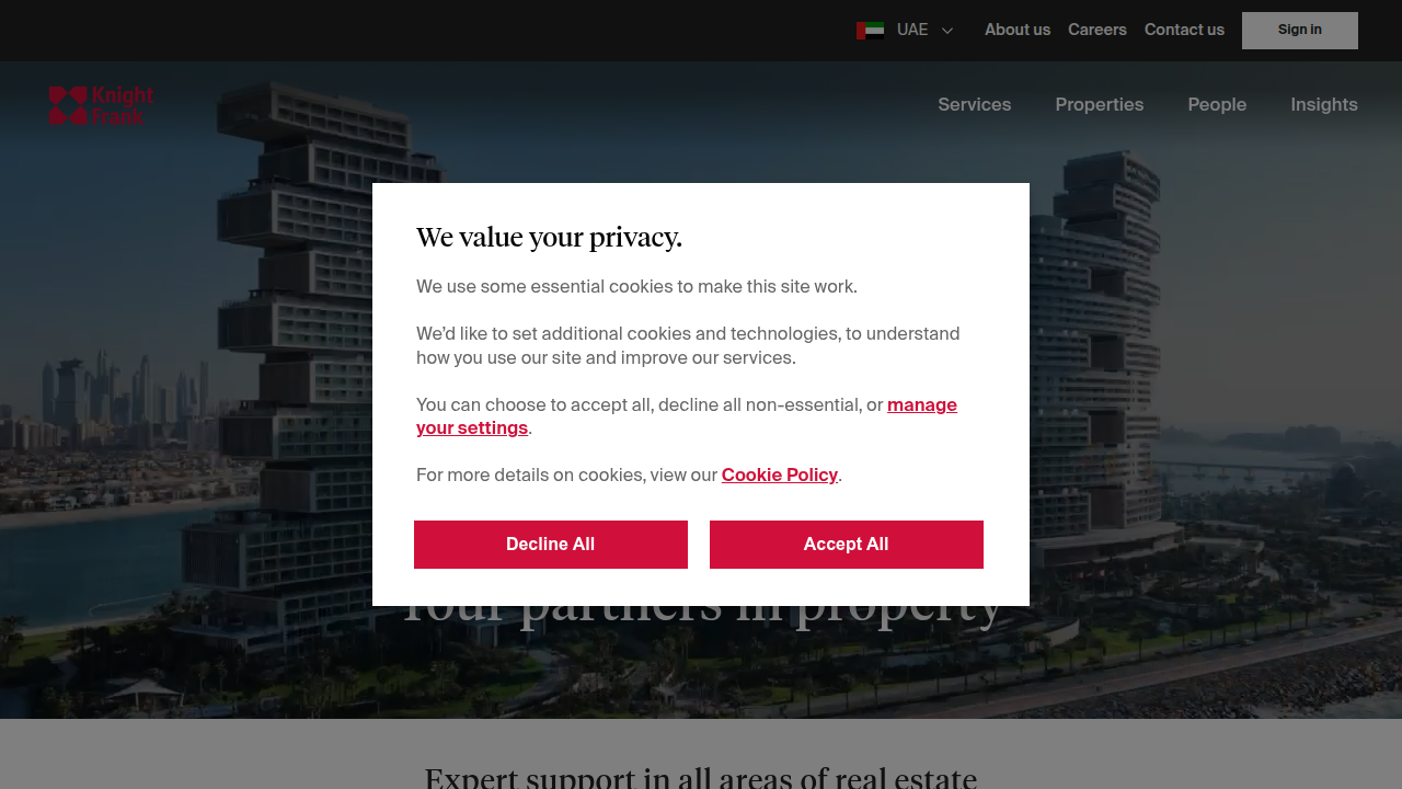 A screenshot of Knight Frank's website, an expert source for Dubai real estate market analysis.